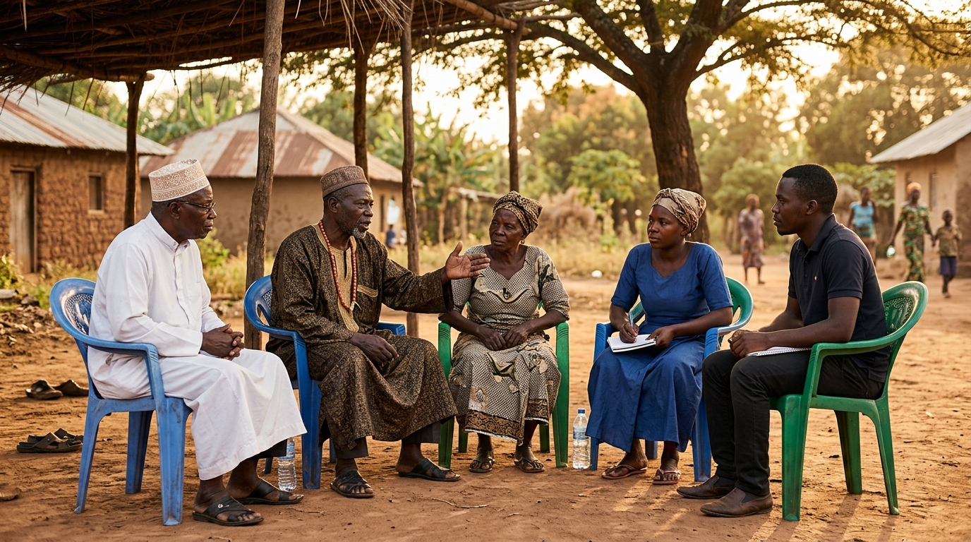 Community and faith leaders meeting in a dialogue circle in a Nigerian village