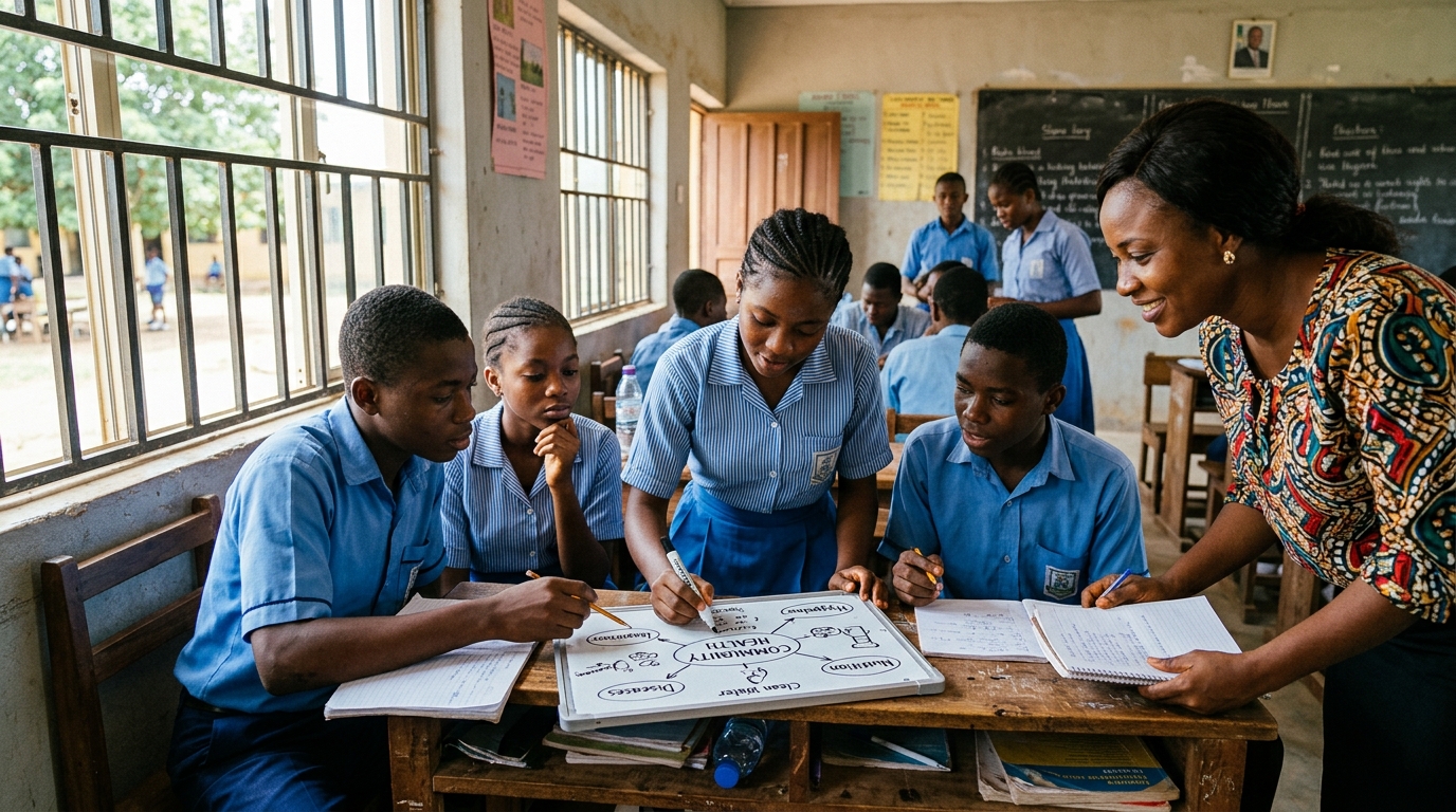 Secondary school students collaborating on a mind-map with a teacher in an African classroom